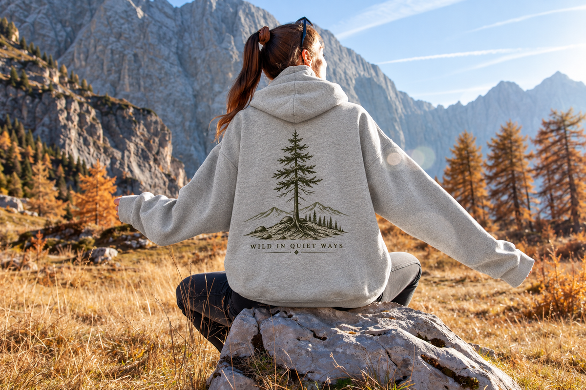 EaseWild white graphic hoodie with mountain tree back print worn during an outdoor mountain adventure