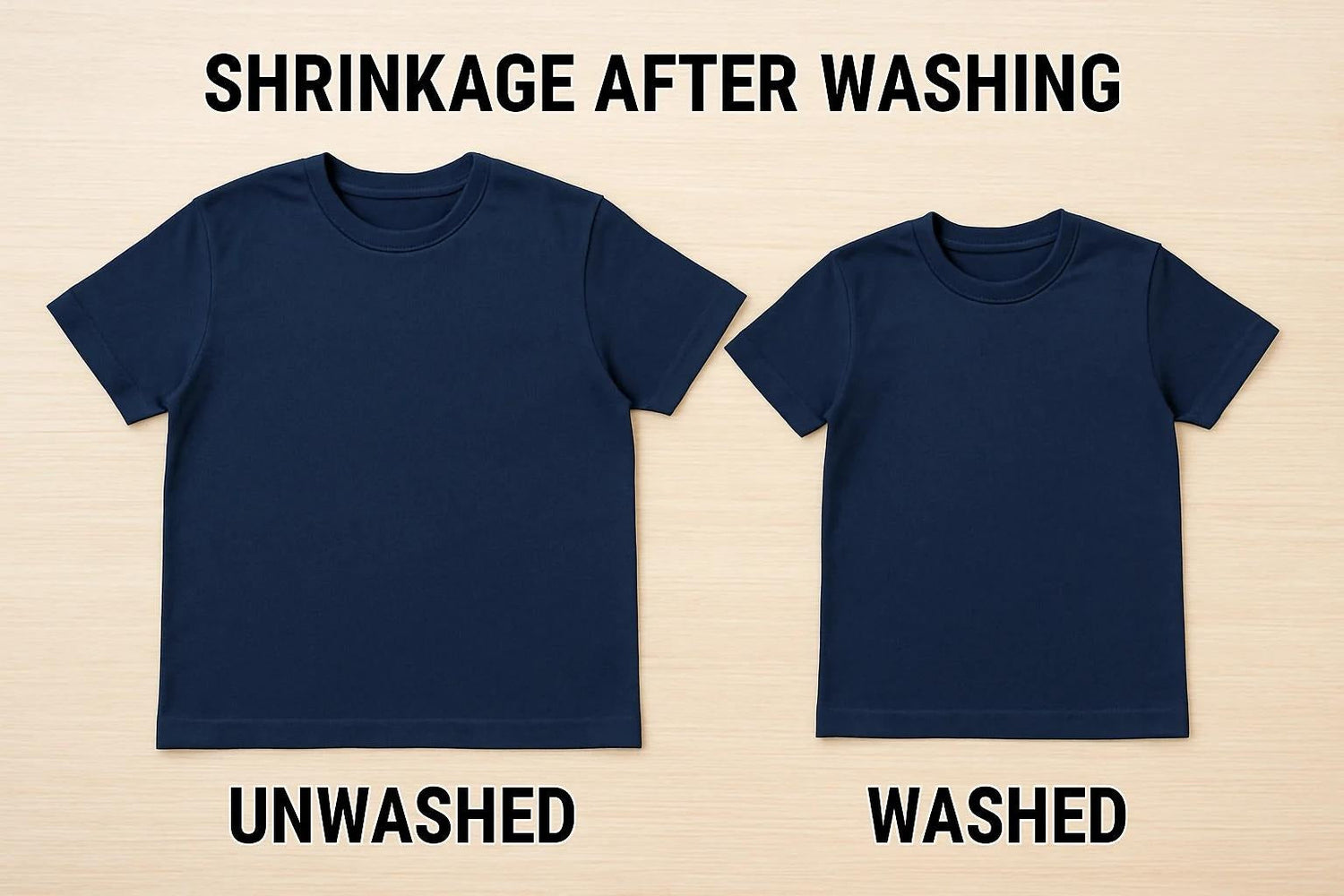 Unwashed and washed cotton T-shirts showing shrinkage after washing