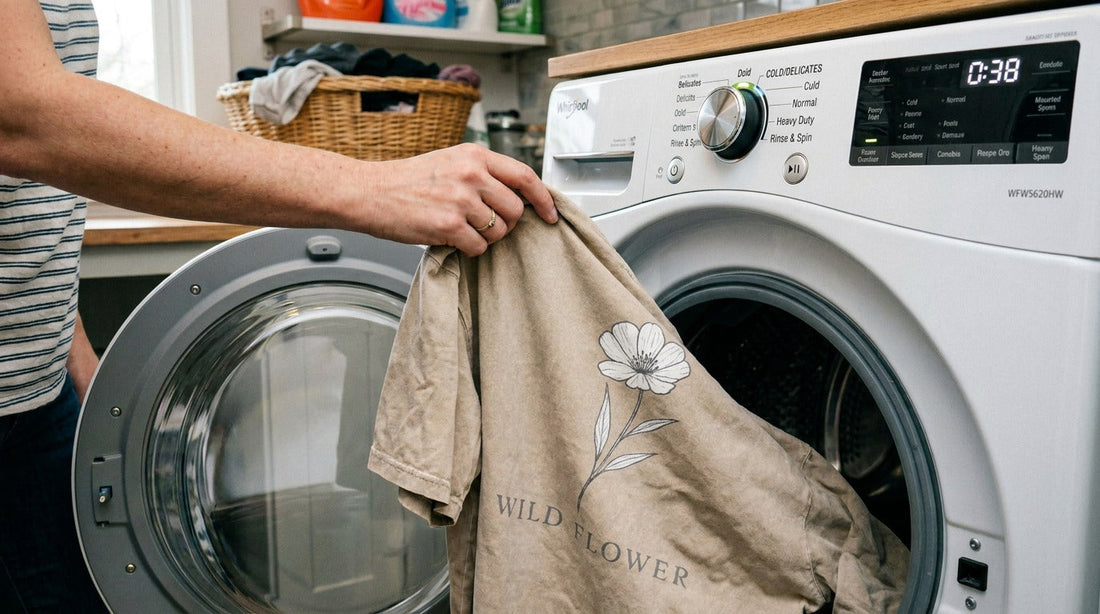 Graphic tee being placed in a washing machine for proper print care