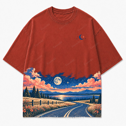 Vintage Moonlit Road & Lake Washed Graphic T-Shirt