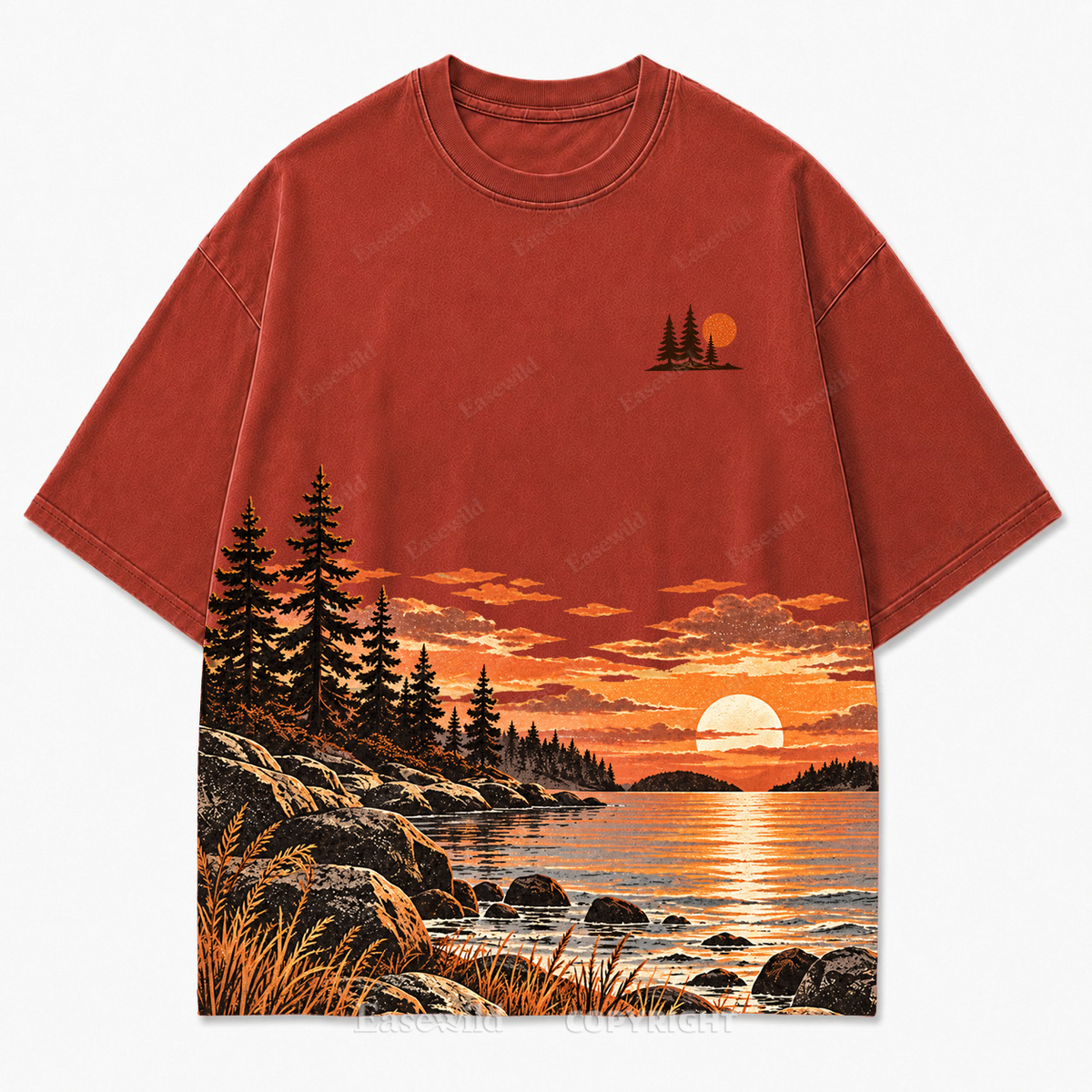 Vintage Sunset & Pine Trees Landscape Washed Graphic T-Shirt