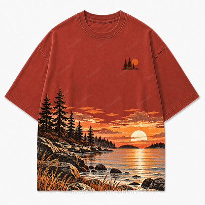 Vintage Sunset & Pine Trees Landscape Washed Graphic T-Shirt