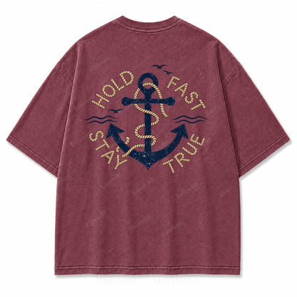Hold Fast Stay True Nautical Anchor Washed Graphic Tee
