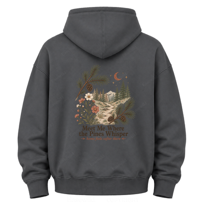 Meet Me Where the Pines Whisper Vintage Woodland Graphic Hoodie