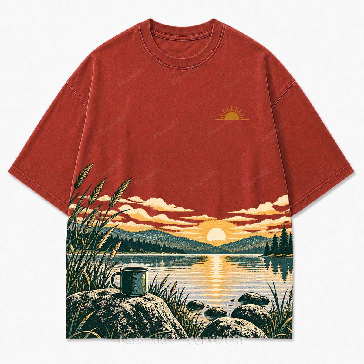 Vintage Lake Sunrise & Camping Mug Washed Graphic T-Shirt