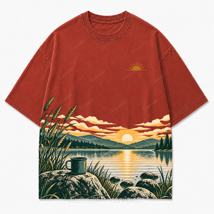 Vintage Lake Sunrise & Camping Mug Washed Graphic T-Shirt