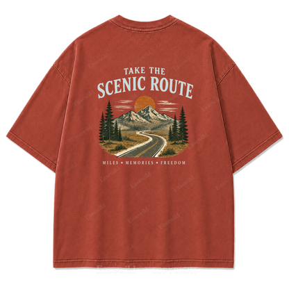 T-Shirt mit gewaschenem Print „Wo die Panoramaroute Meilen in Erinnerungen verwandelt“