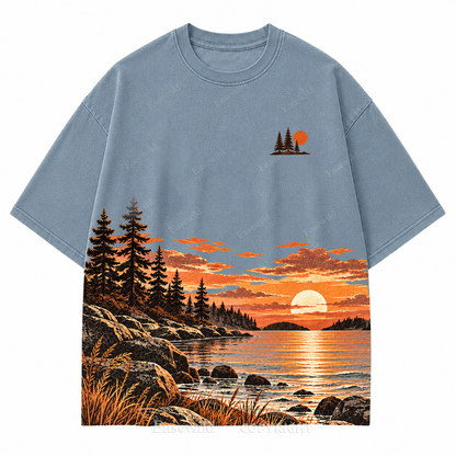 Vintage Sunset & Pine Trees Landscape Washed Graphic T-Shirt