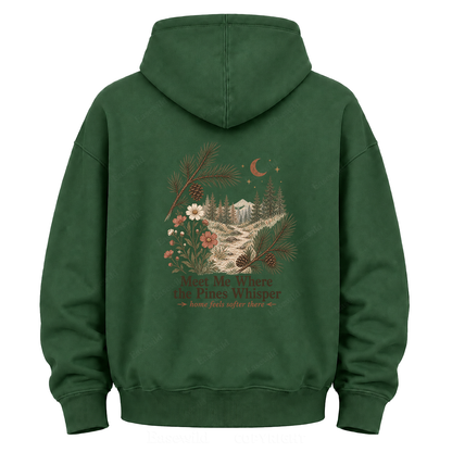 Meet Me Where the Pines Whisper Vintage Woodland Graphic Hoodie