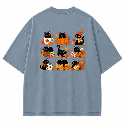 Autumn Black Cats & Pumpkins Washed Graphic T-Shirt