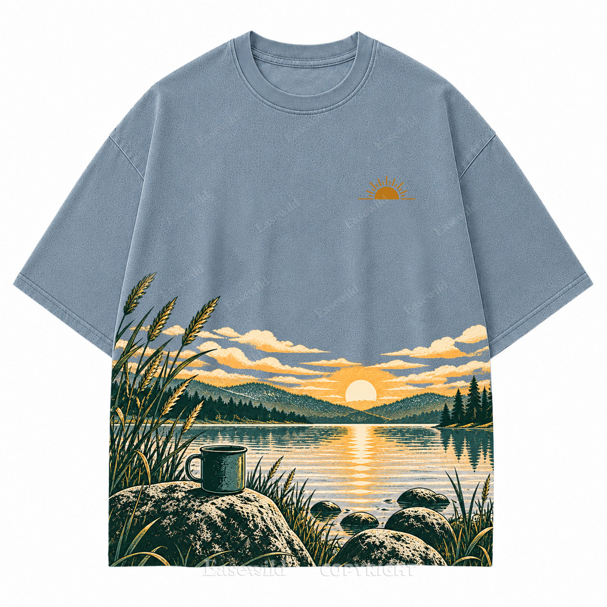 Vintage Lake Sunrise & Camping Mug Washed Graphic T-Shirt