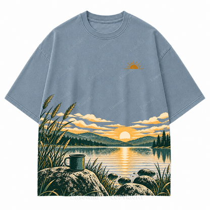 Vintage Lake Sunrise & Camping Mug Washed Graphic T-Shirt