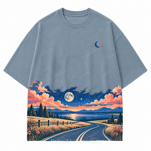 Vintage Moonlit Road & Lake Washed Graphic T-Shirt