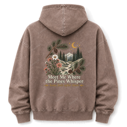 Meet Me Where the Pines Whisper Vintage Woodland Washed Graphic Hoodie