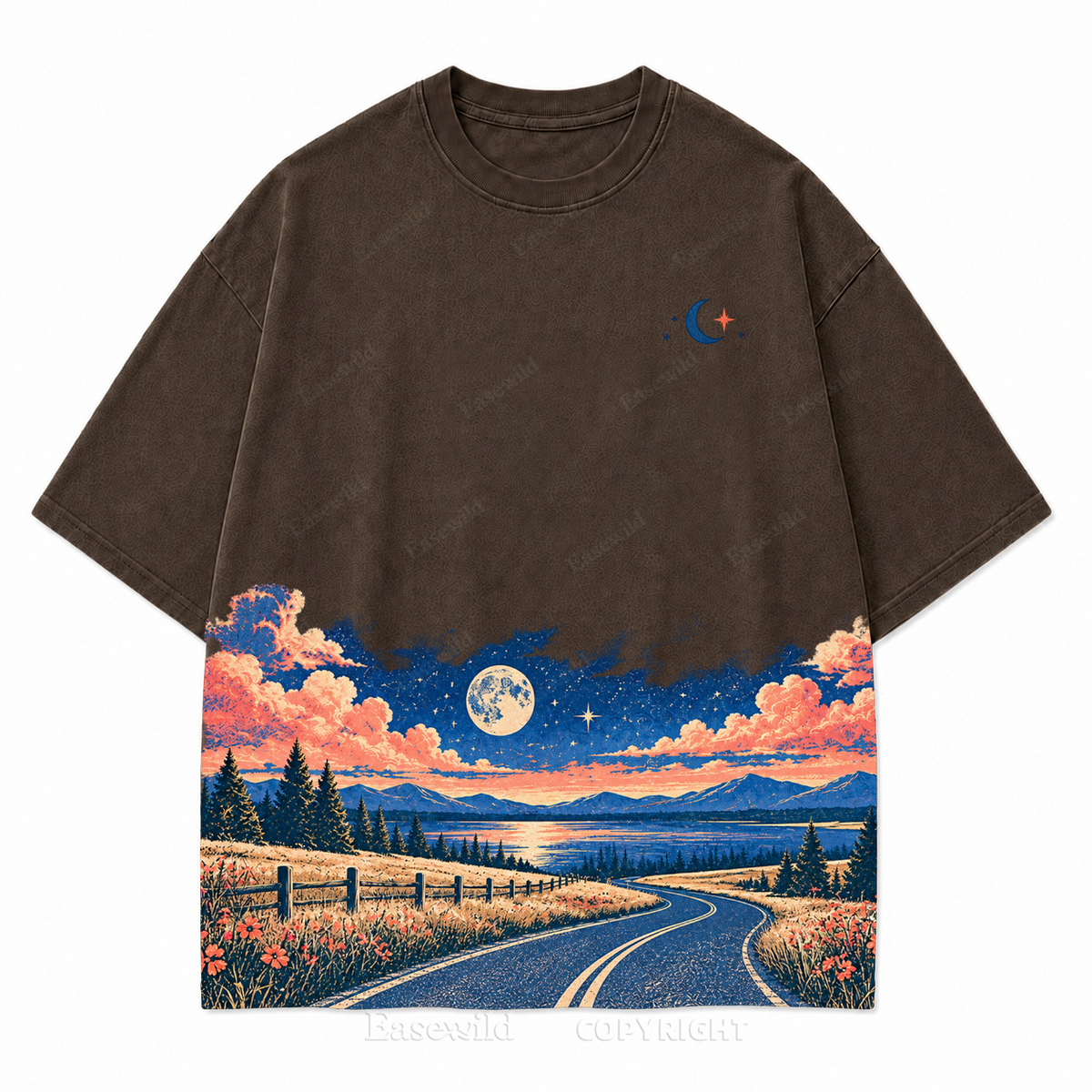 Vintage Moonlit Road & Lake Washed Graphic T-Shirt