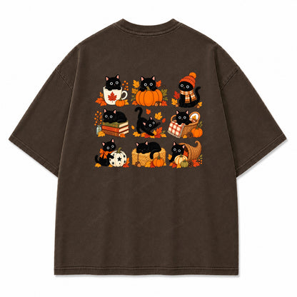 Autumn Black Cats & Pumpkins Washed Graphic T-Shirt