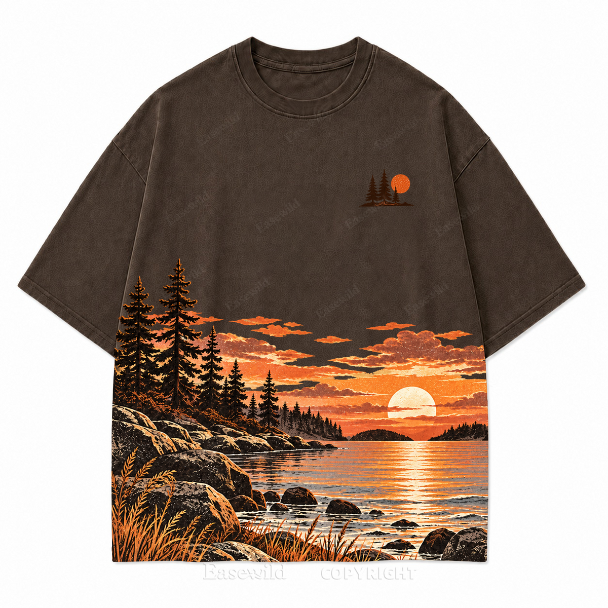 Vintage Sunset & Pine Trees Landscape Washed Graphic T-Shirt