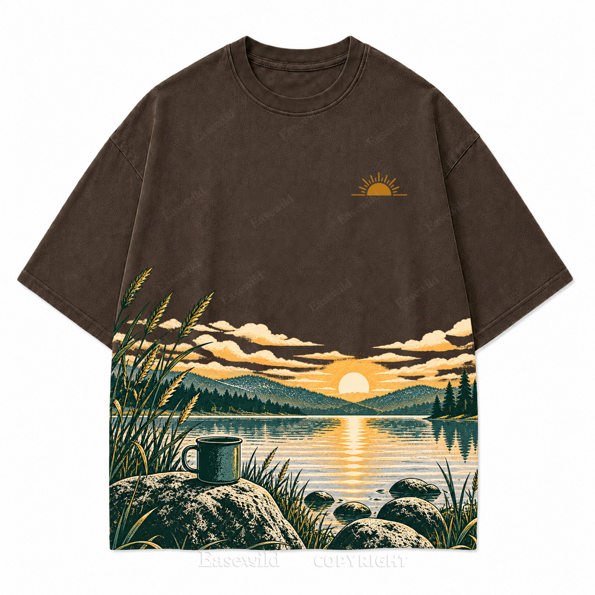Vintage Lake Sunrise & Camping Mug Washed Graphic T-Shirt