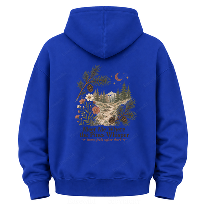 Meet Me Where the Pines Whisper Vintage Woodland Graphic Hoodie