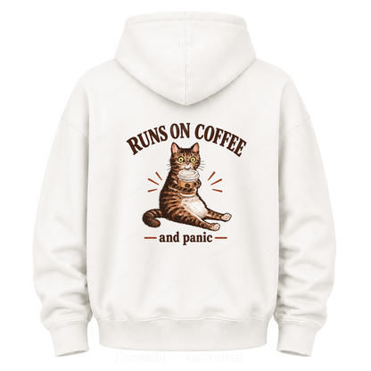 Runs On Coffee And Panic Tabby Cat Graphic Hoodie