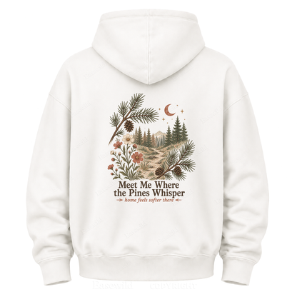 Meet Me Where the Pines Whisper Vintage Woodland Graphic Hoodie