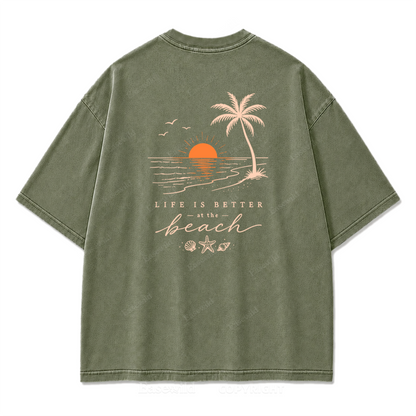 T-Shirt mit gewaschenem Aufdruck „Life Is Better at the Beach“