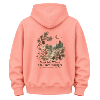Meet Me Where the Pines Whisper Vintage Woodland Graphic Hoodie