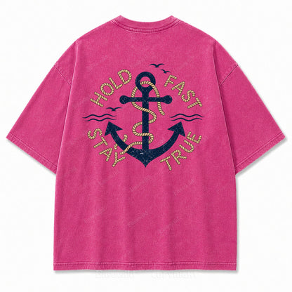 Hold Fast Stay True Nautical Anchor Washed Graphic Tee