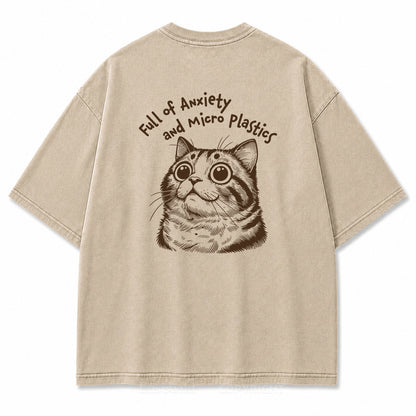 "Full of Anxiety and Micro Plastics" Funny Cat Washed Graphic T-Shirt
