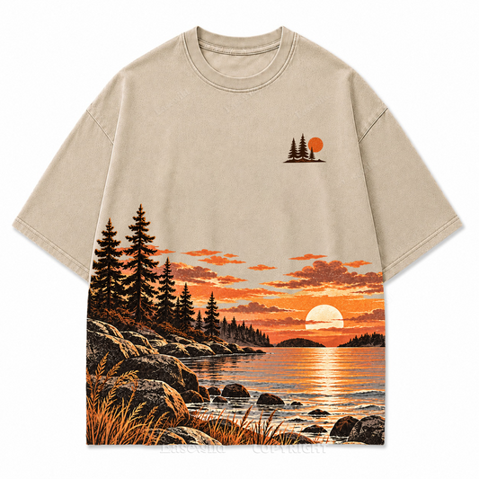 Vintage Sunset & Pine Trees Landscape Washed Graphic T-Shirt
