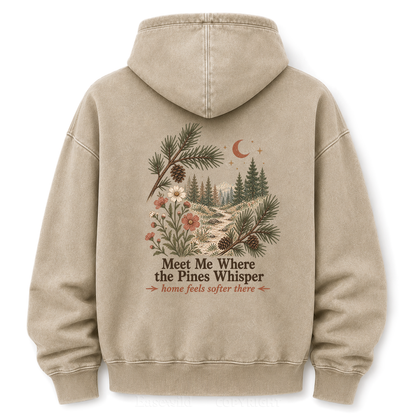 Meet Me Where the Pines Whisper Vintage Woodland Washed Graphic Hoodie