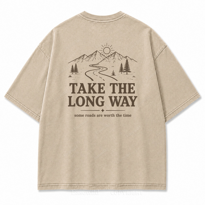 Take the Long Way Mountain Washed Back Print Tee