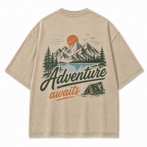 Adventure Awaits Mountain Camp Washed Back Print Tee