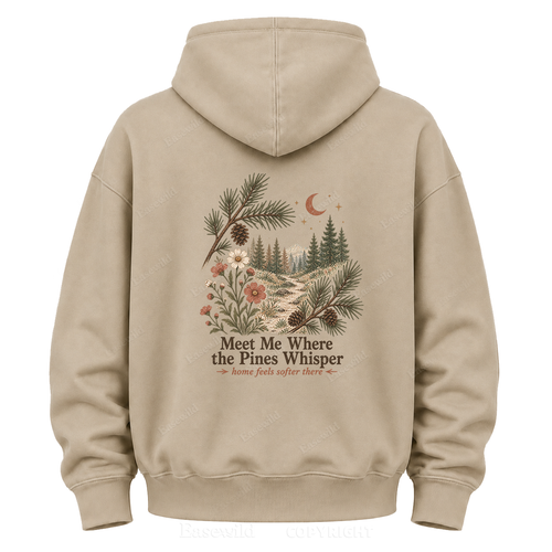Meet Me Where the Pines Whisper Vintage Woodland Graphic Hoodie