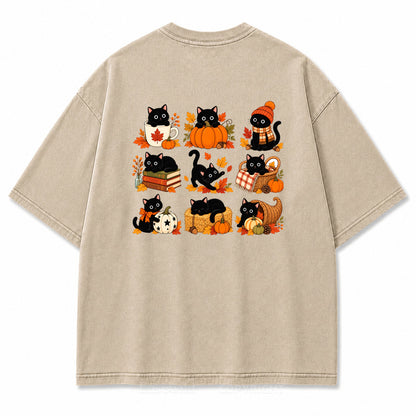 Autumn Black Cats & Pumpkins Washed Graphic T-Shirt