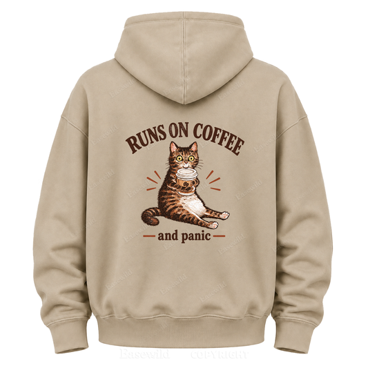 Runs On Coffee And Panic Tabby Cat Graphic Hoodie