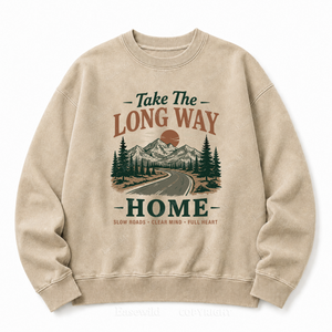 Take the Long Way Home Front Graphic Washed Crewneck