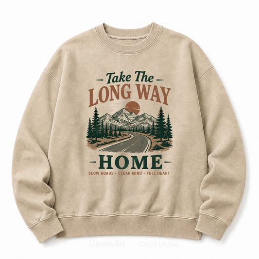 Take the Long Way Home Front Graphic Washed Crewneck