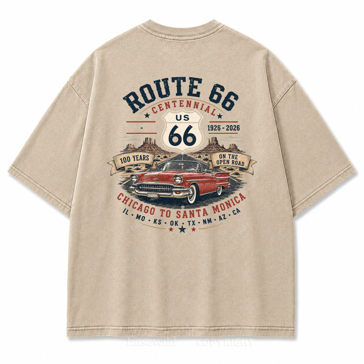 Route 66 Centennial Vintage Car Washed Back Print Tee