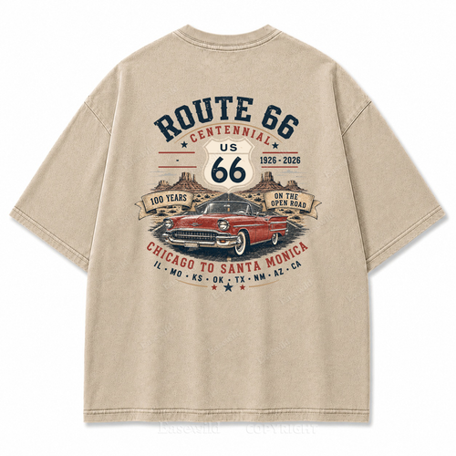 Route 66 Centennial Vintage Car Washed Back Print Tee