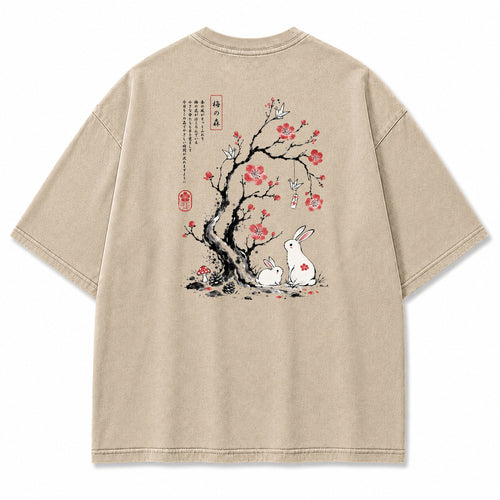 Japanese Plum Blossom Rabbit Graphic T-Shirt