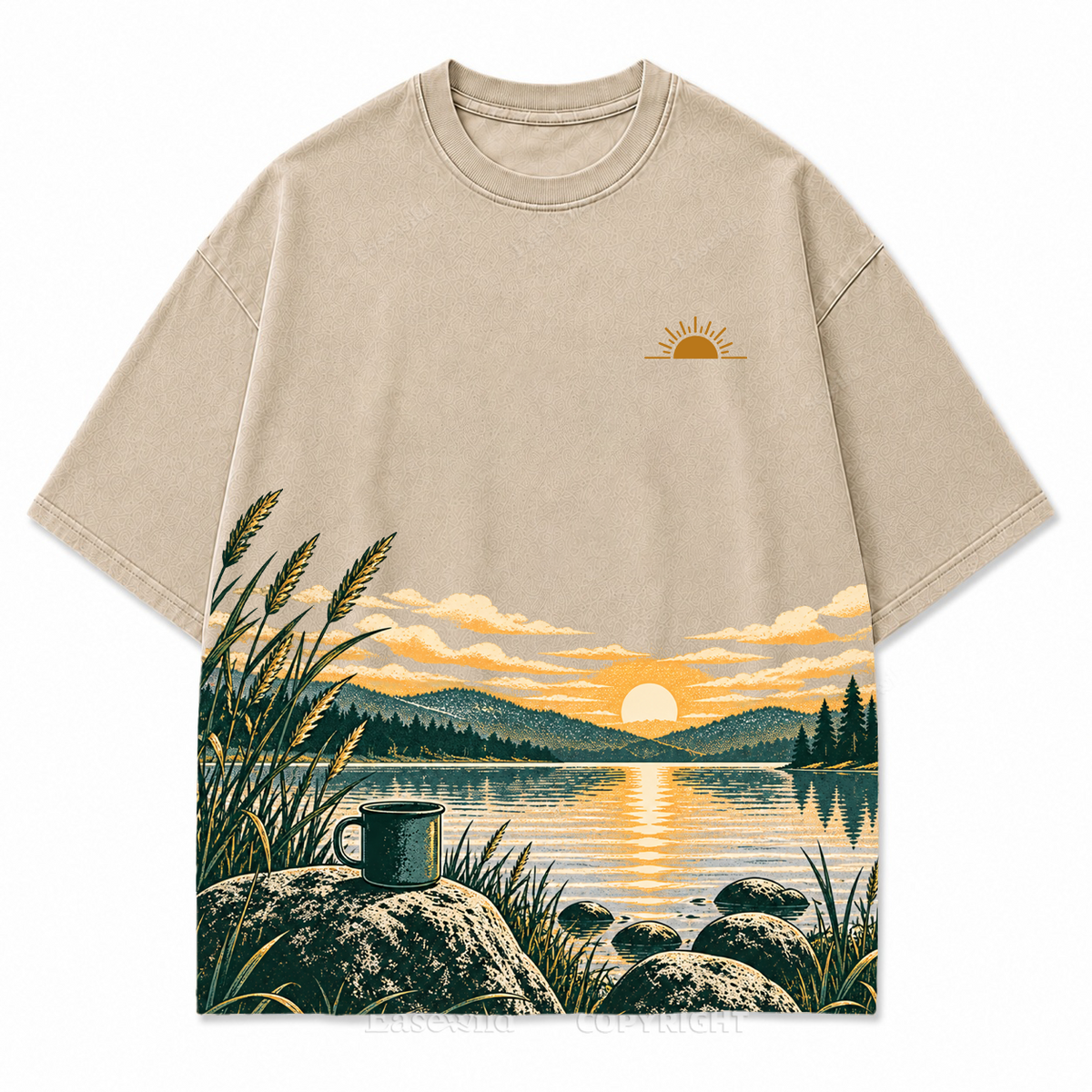 Vintage Lake Sunrise & Camping Mug Washed Graphic T-Shirt