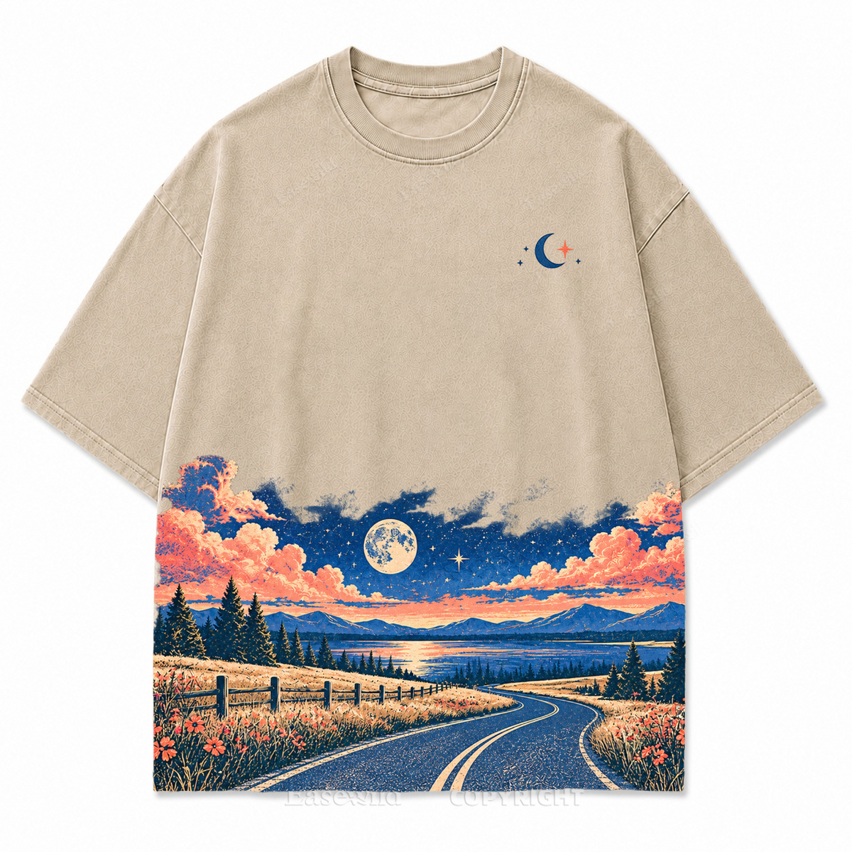 Vintage Moonlit Road & Lake Washed Graphic T-Shirt