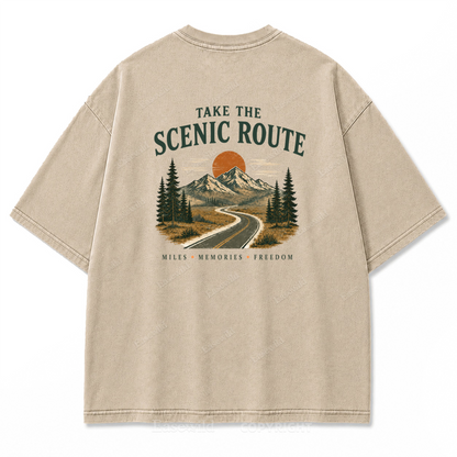 T-Shirt mit gewaschenem Print „Wo die Panoramaroute Meilen in Erinnerungen verwandelt“