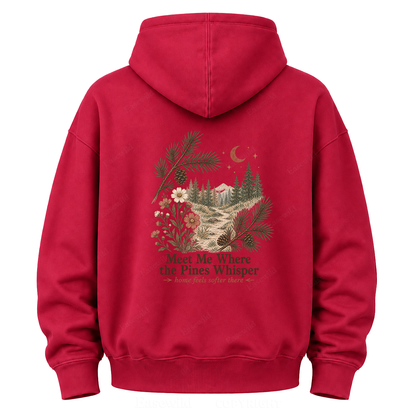 Meet Me Where the Pines Whisper Vintage Woodland Graphic Hoodie