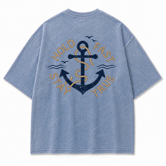 Hold Fast Stay True Nautical Anchor Washed Graphic Tee