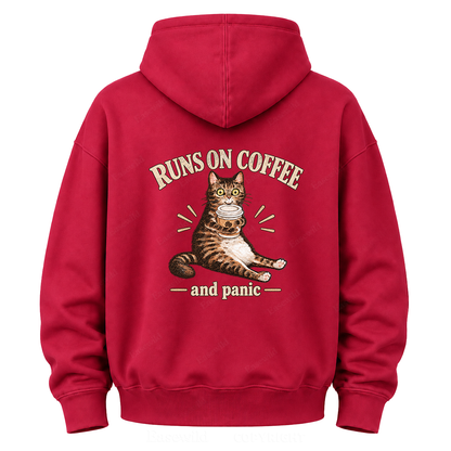 Runs On Coffee And Panic Tabby Cat Graphic Hoodie