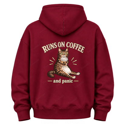 Runs On Coffee And Panic Tabby Cat Graphic Hoodie