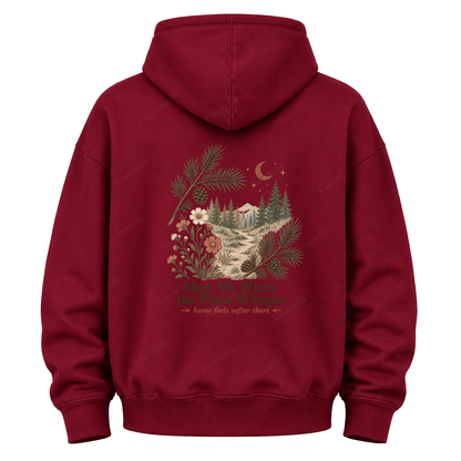 Meet Me Where the Pines Whisper Vintage Woodland Graphic Hoodie