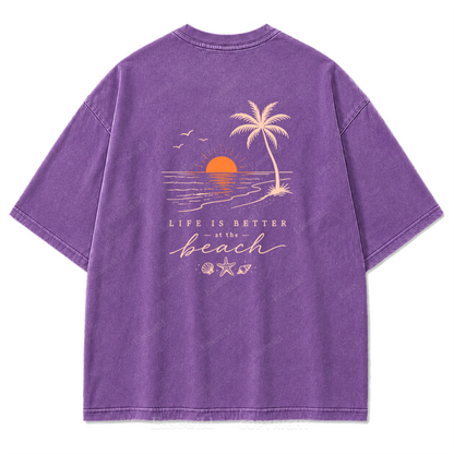 T-Shirt mit gewaschenem Aufdruck „Life Is Better at the Beach“